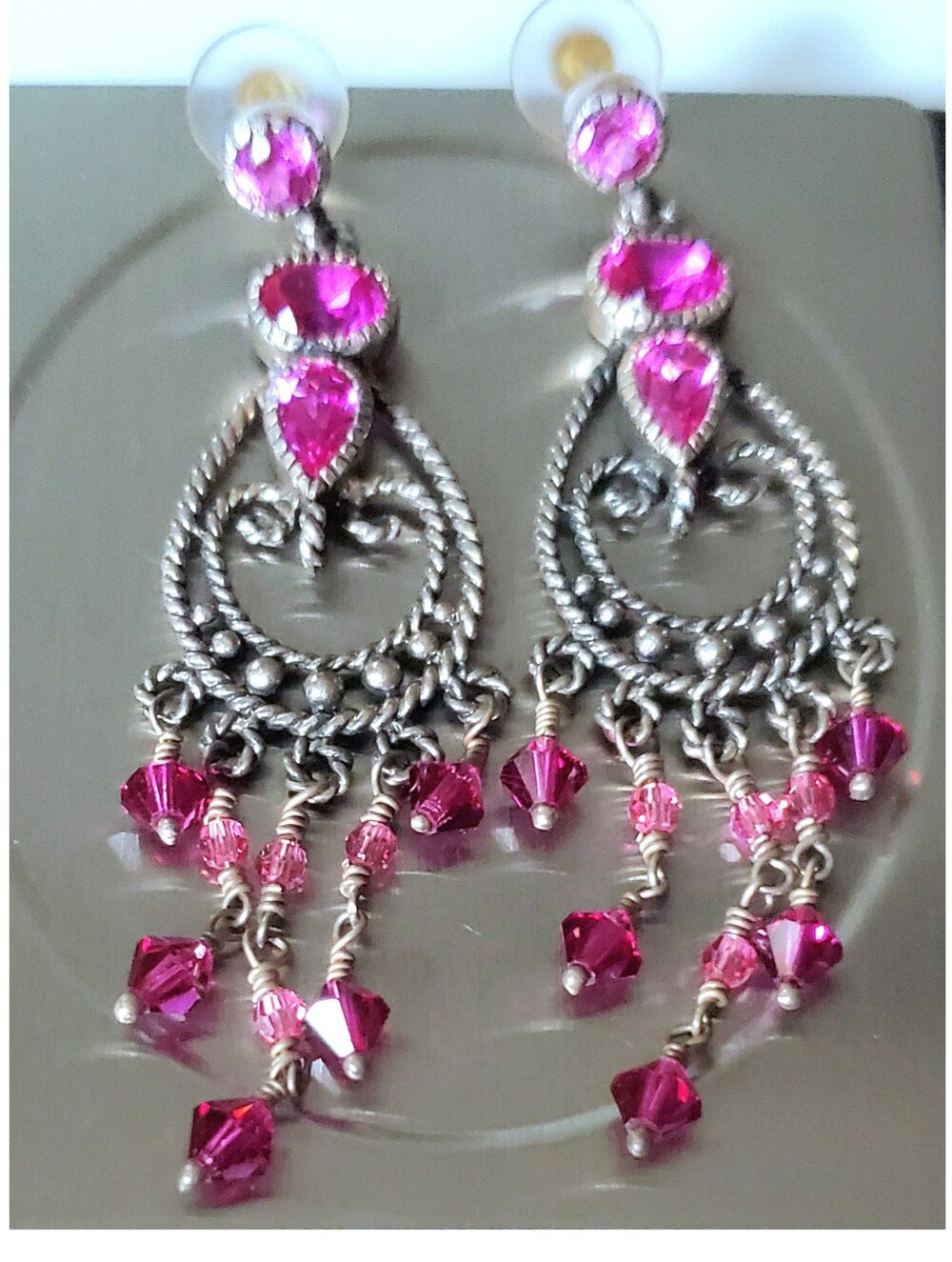 Pink Chandelier Dangle Drop Crystals Beads Earrings Beautiful Bollywood Style